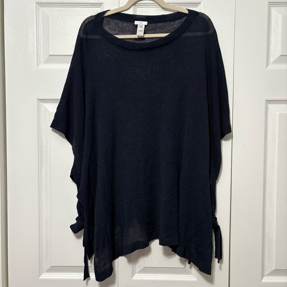 J. Jill Sweater OS Linen Blend Poncho Tunic Oversized Cover Up Tie Side Blue
